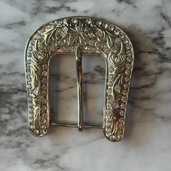 Nocona Silver Tone Buckle With Rhinestones Womens Western Bling Floral Etched - Picture 2 of 6